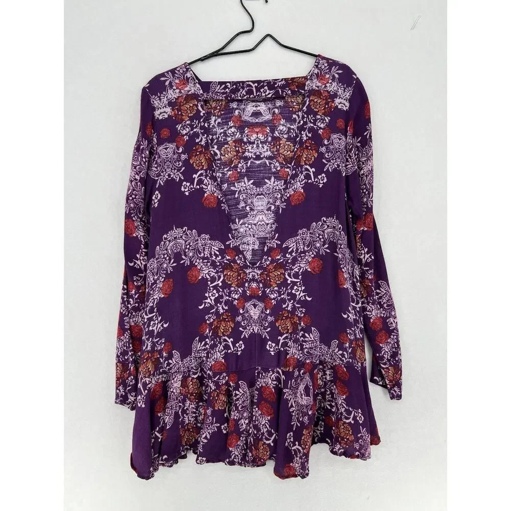Free People Purple Floral Boho Tunic Top Open Back Bell Sleeve Womens Large - Picture 3 of 12